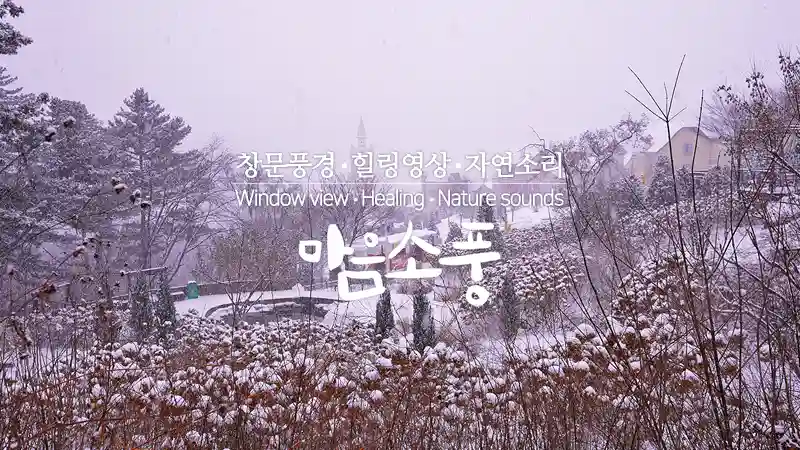가평 스위스마을, 함박눈이 내려앉는 숲 속의 4K 창문풍경 힐링영상